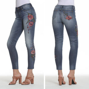 Driftwood Audrey slim straight jeans floral embroidery raw hem women's size 29